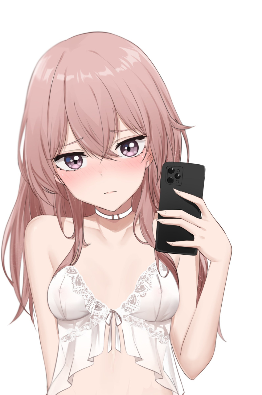 1girl ass babydoll bare_arms bare_shoulders blush breasts cameltoe cellphone choker close-up closed_mouth embarrassed frown highres holding inui_sajuna iphone iphone_11_pro long_hair looking_at_viewer medium_breasts navel nose_blush panties phone pink_hair purple_eyes sitting smartphone solo sono_bisque_doll_wa_koi_wo_suru spread_legs stomach sunny721 thigh_strap thighs underwear underwear_only upper_body white_choker white_panties