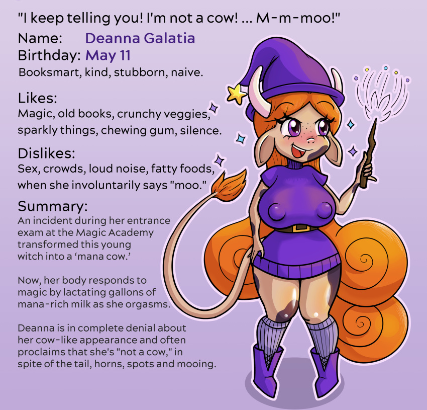 absurd_res anthro big_breasts bovid bovine breasts cattle clothed clothing cowgirl_(disambiguation) deanna_(magicwritings) female hair hat headgear headwear hi_res long_ears long_hair magic_user magicwritings mammal model_sheet nipples red_hair simple_background smile solo witch witch_hat
