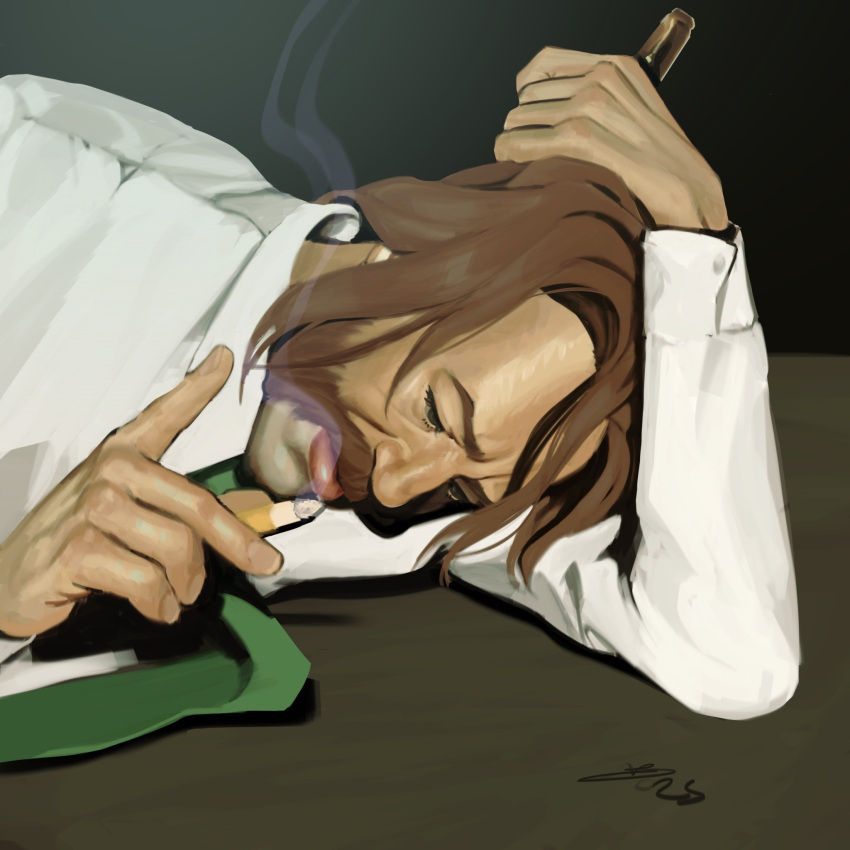 1boy arm_pillow black_eyes bottle cigarette closed_eyes collared_shirt commentary desk disco_elysium english_commentary facial_hair frown green_necktie harry_du_bois head_down highres holding holding_bottle holding_cigarette male_focus mutton_chops necktie nurve26 shirt smoke smoke_trail solo upper_body white_shirt
