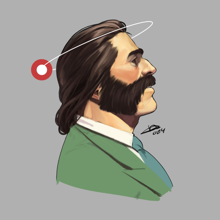 1boy brown_hair collared_shirt commentary disco_elysium english_commentary facial_hair from_side green_jacket hair_slicked_back harry_du_bois highres jacket looking_to_the_side male_focus mullet mutton_chops nurve26 portrait shirt solo white_shirt