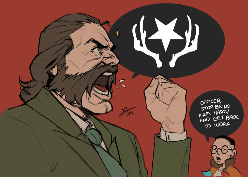 black_hair brown_hair buzz_cut clenched_hand collared_shirt communism disco_elysium english_text facial_hair furrowed_brow glasses green_jacket green_necktie hair_slicked_back hand_up harry_du_bois highres holding holding_pen jacket kim_kitsuragi mutton_chops necktie notepad nurve26 open_mouth orange_jacket pen shirt short_hair shouting very_short_hair white_shirt