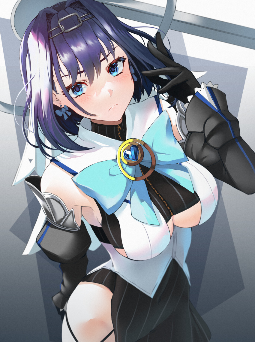 1girl absurdres arm_behind_back bangs black_bra black_gloves black_skirt blue_hair blush bow bow_earrings bra breasts closed_mouth detached_sleeves earrings frown gloves hair_intakes hand_up head_chain highres hololive hololive_english jewelry large_breasts lessthanone looking_at_viewer mechanical_halo miniskirt ouro_kronii shirt short_hair skirt solo underwear virtual_youtuber white_shirt zipper zipper_pull_tab