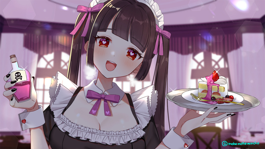 1girl apron black_hair blush breasts cake cake_slice character_request commentary_request food fork head_tilt indie_virtual_youtuber looking_at_viewer maid maid_apron maid_headdress mohemohemincho poison red_eyes smile solo twintails virtual_youtuber yandere