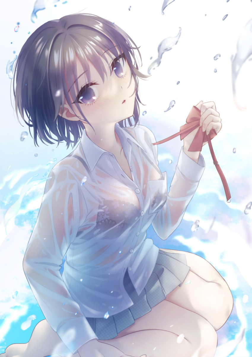 1girl blue_skirt bow bra breasts grey_hair highres holding holding_bow kneeling large_breasts lingerie on_water open_mouth original purple_eyes red_bow school_uniform see-through see-through_sleeves shirt short_hair skirt solo underwear user_uynr5373 water_drop wet wet_clothes wet_hair wet_shirt