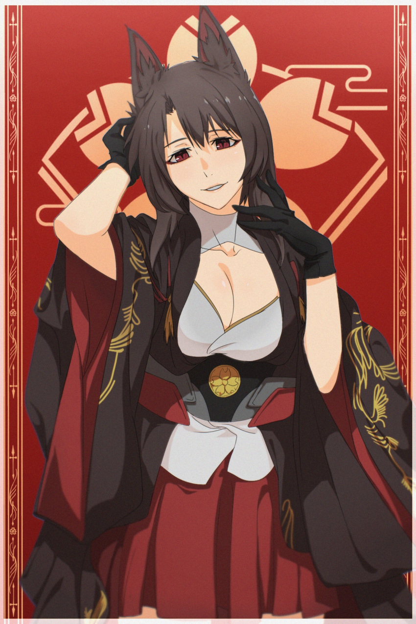 1girl akagi_(azur_lane) akizuki_(17769498) animal_ear_fluff azur_lane black_gloves breasts brown_hair brown_kimono cleavage cleavage_cutout clothing_cutout gloves hand_in_hair highres japanese_clothes kimono large_breasts long_hair looking_at_viewer metal_belt miniskirt open_clothes open_kimono red_eyeliner red_eyes red_skirt sakura_empire_(emblem) sakuramon shirt skirt slit_pupils smile solo standing white_shirt wide_sleeves