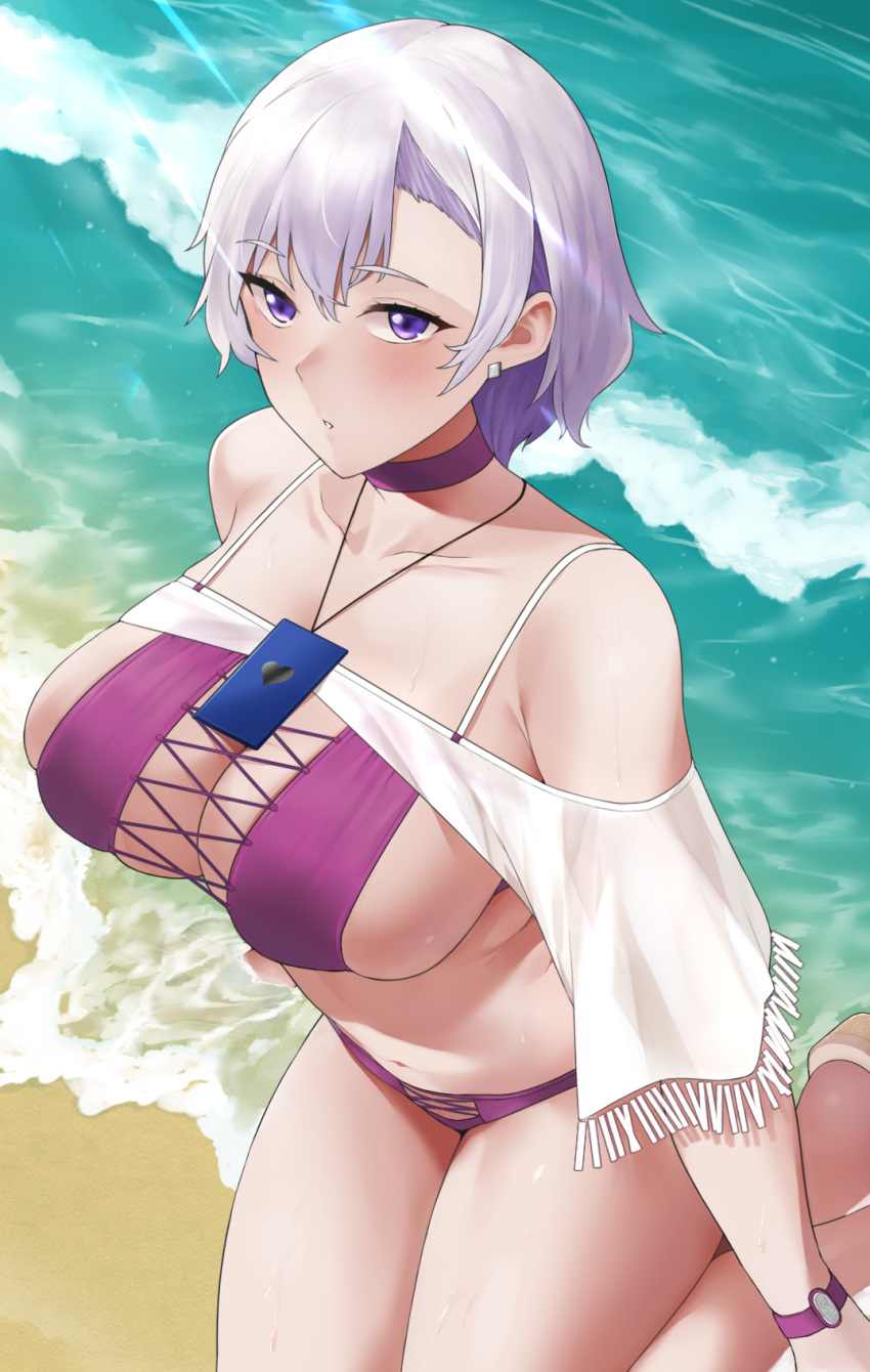 1girl azur_lane bangs bare_shoulders beach beige_footwear bikini blush breasts cellphone choker cleavage collarbone cross-laced_bikini cross-laced_clothes day earrings eyebrows_visible_through_hair feet_out_of_frame fringe_trim from_above from_side groin hair_between_eyes half-closed_eyes heart highres jewelry kneeling lanyard large_breasts light_particles light_rays looking_at_viewer navel ocean off_shoulder official_alternate_costume outdoors parted_lips phone purple_bikini purple_choker reno_(azur_lane) reno_(summer_spin-off)_(azur_lane) revision rinrin_(user_tvcf4347) sand sandals shore short_hair short_sleeves shrug_(clothing) sideboob silver_hair smartphone solo spaghetti_strap strapless strapless_bikini sunbeam sunlight swimsuit thighs watch water wet white_sleeves wristwatch