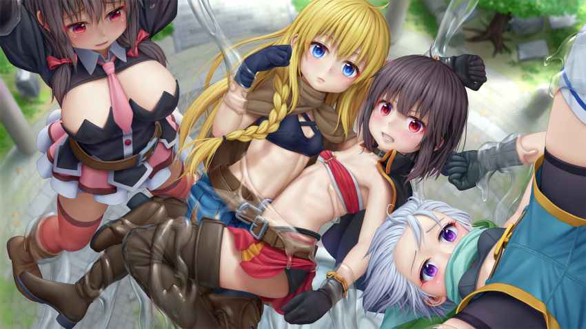 4girls aki99 bandeau bangs bike_shorts bike_shorts_under_shorts black_gloves black_hair black_panties blonde_hair blue_eyes blurry blurry_background boots braid breasts capelet character_request chinese_commentary chris_(konosuba) clenched_teeth collar commentary commission covered_nipples day english_commentary from_above gloves hair_between_eyes highres kono_subarashii_sekai_ni_shukufuku_wo! large_breasts light_blue_hair long_hair megumin midriff mixed-language_commentary multiple_girls necktie outdoors panties pink_necktie purple_eyes red_eyes reward_available scarf short_hair shorts side_braid single_braid skirt slime_(substance) spread_legs suspension teeth thigh_boots thighhighs underwear upside-down yunyun_(konosuba)