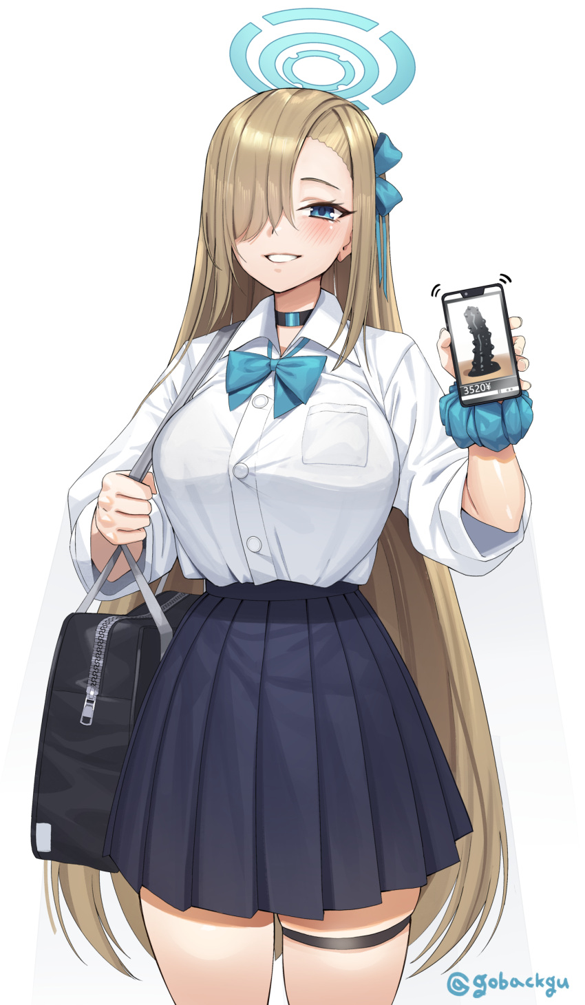 1girl absurdres arm_scrunchie asuna_(blue_archive) bag bangs black_choker blue_archive blue_bow blue_bowtie blue_eyes blue_scrunchie blue_skirt blush bow bowtie breasts buttons cellphone choker collared_shirt dildo eyelashes goback hair_over_one_eye halo highres holding holding_phone large_breasts light_brown_hair long_hair looking_at_viewer parted_lips phone pleated_skirt price_tag scrunchie sex_toy shiny shiny_hair shirt short_sleeves shoulder_bag simple_background skirt smartphone solo standing teeth thigh_strap twitter_username white_background wing_collar yen_sign zipper zipper_pull_tab