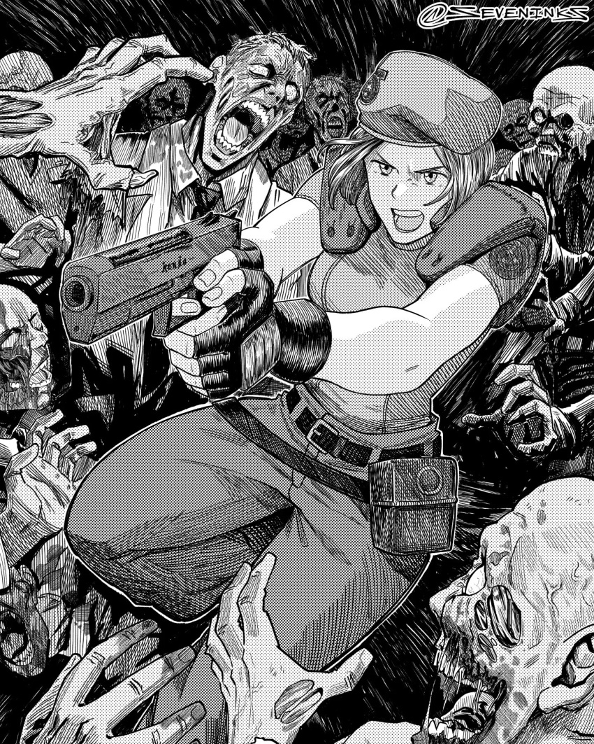 1girl 6+boys aiming belt beret breasts commentary finger_on_trigger fingerless_gloves furrowed_brow gloves gun handgun hat highres holding holding_gun holding_weapon jill_valentine medium_breasts multiple_boys open_mouth pouch resident_evil resident_evil_1 s.t.a.r.s._uniform seveninks short_hair shoulder_pads toned toned_female twitter_username weapon zombie