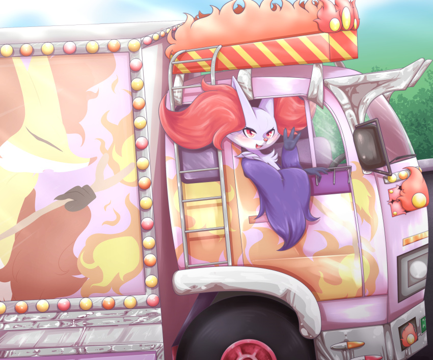 1girl absurdres alternate_color animal_ear_fluff animal_ears animal_nose blush body_fur commentary_request commission day delphox driving fangs flame_print fox_ears fox_girl from_side fur_collar ground_vehicle hand_up happy highres ladder looking_at_viewer motor_vehicle negoya open_mouth outdoors partial_commentary pokemon pokemon_(creature) purple_fur red_eyes shiny_pokemon smile snout solo truck upper_body waving white_fur