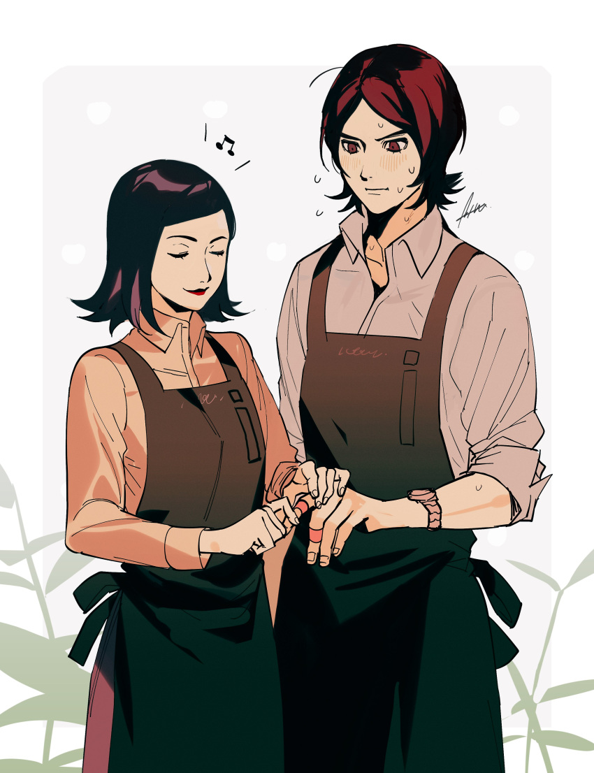 1boy 1girl absurdres amano_maya apron bandaid bandaid_on_hand black_hair brown_eyes brown_hair btmr_game closed_eyes closed_mouth flying_sweatdrops green_apron highres lips musical_note persona persona_2 shirt signature simple_background suou_tatsuya sweat symbol-only_commentary watch wristwatch
