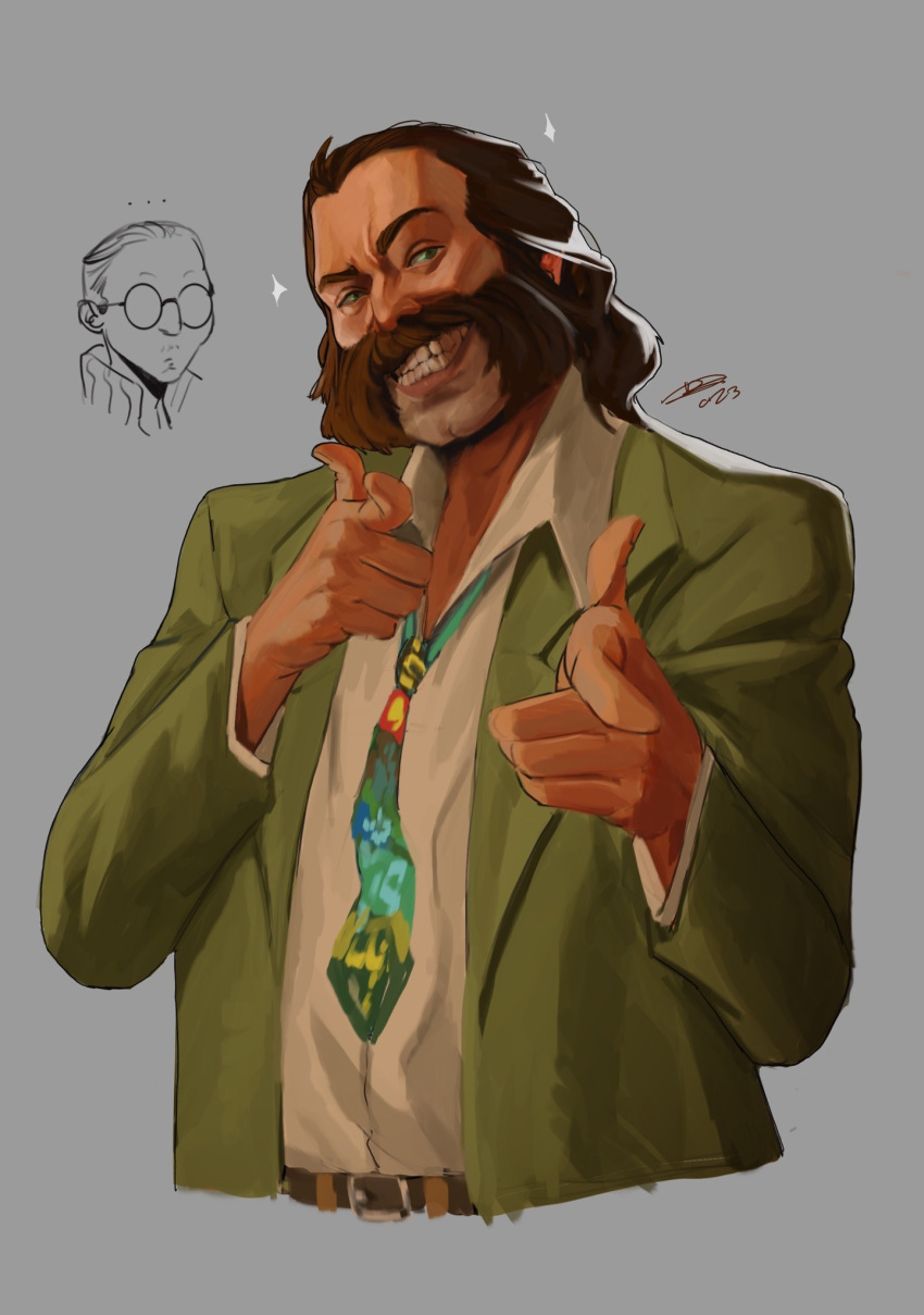 1boy :d belt blazer brown_hair cleft_chin collared_shirt commentary disco_elysium double_finger_gun english_commentary facial_hair finger_gun green_jacket grin hair_slicked_back harry_du_bois highres horrific_necktie jacket kim_kitsuragi male_focus mullet mutton_chops nurve26 pointing pointing_at_viewer raised_eyebrow shirt shirt_tucked_in smile white_shirt