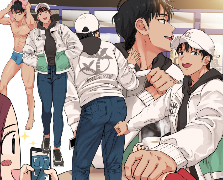 1boy 1girl arms_up ass black_hair black_headwear black_hoodie blush_stickers boxers cellphone closed_eyes coffee coffee_mug couple cup denim erection female_pervert flat_cap from_behind hat hetero holding holding_hands holding_phone hood hoodie jacket jeans long_sleeves looking_at_viewer male_underwear mug noah_(pixiv) original pants pervert phone phone_screen red_hair smartphone taking_picture towel underwear white_headwear white_jacket zooming_in