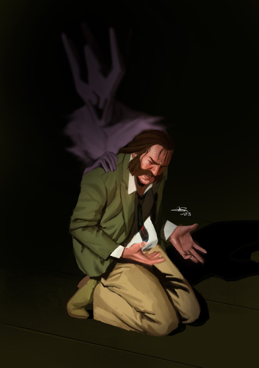 1boy 1other blazer brown_hair closed_eyes collared_shirt commentary disco_elysium dual_persona english_commentary facial_hair green_jacket hair_slicked_back hand_on_another's_shoulder hand_up harry_du_bois highres horrific_necktie jacket mutton_chops necktie nurve26 seiza shadow shirt sitting sweatdrop volition_(disco_elysium) white_shirt