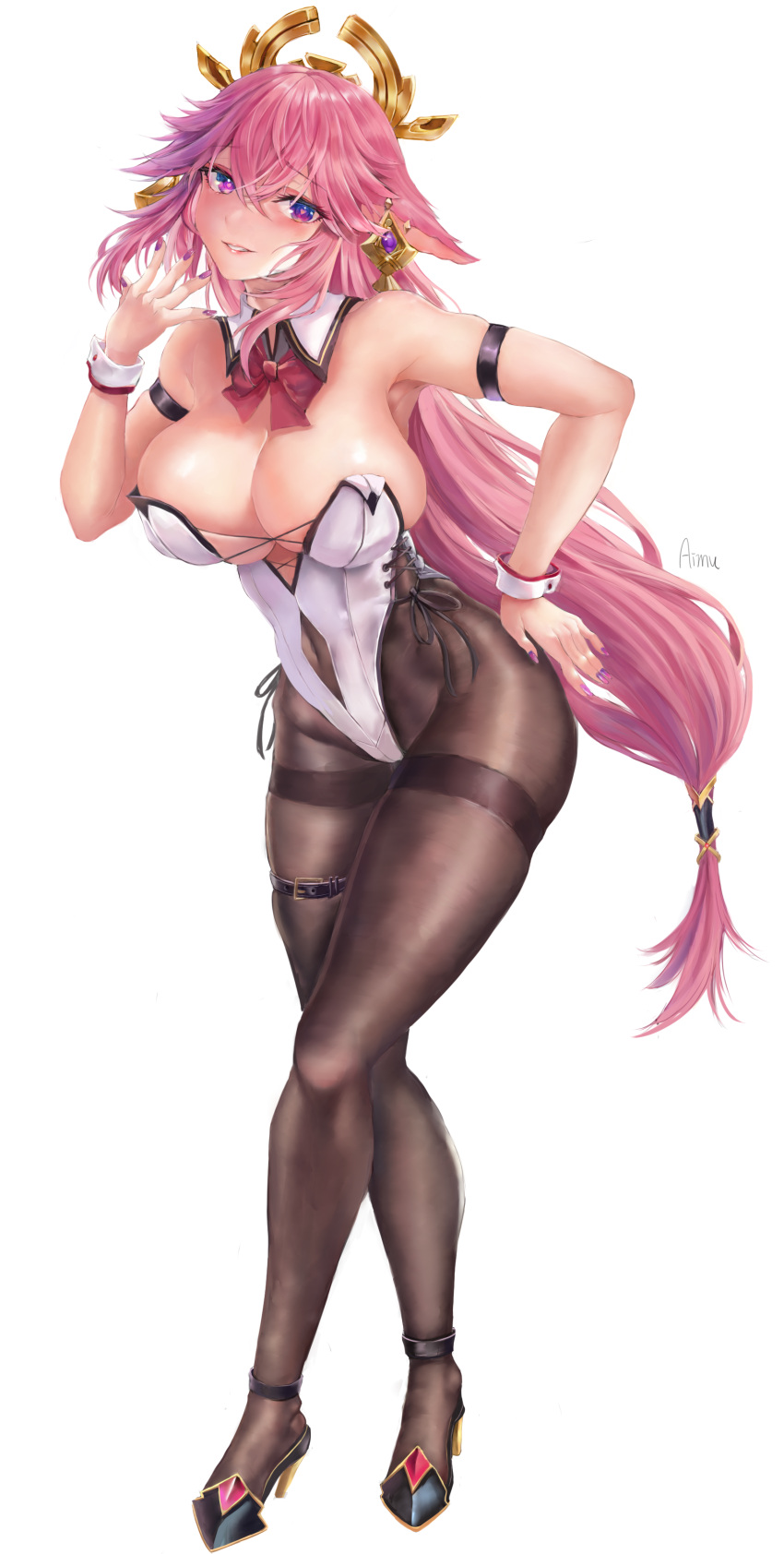 1girl absurdres aimu_(angry9565) animal_ears arm_strap artist_name black_footwear black_legwear breasts cleavage clothing_cutout covered_navel detached_collar earrings fox_ears full_body genshin_impact hair_between_eyes hair_ornament hand_on_hip high_heels highres jewelry large_breasts leotard long_hair looking_at_viewer navel_cutout panties pantyhose pink_hair purple_eyes purple_nails smile solo thigh_strap thighband_pantyhose underwear vision_(genshin_impact) white_background white_leotard wrist_cuffs yae_miko