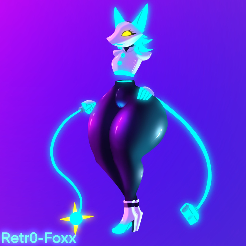 android anthro blue_body blue_fur clothing curvy_figure deltarune electrical_plug eyelashes felid feline felis female floating_hands fur genitals glowing glowing_body glowing_eyes glowing_fur glowing_genitalia glowing_pussy hi_res high_heels holding_object holding_weapon hourglass_figure huge_hips huge_thighs machine mammal pussy retr0foxx robot solo standing tasque_manager thick_thighs undertale_(series) video_games weapon whip white_body yellow_sclera