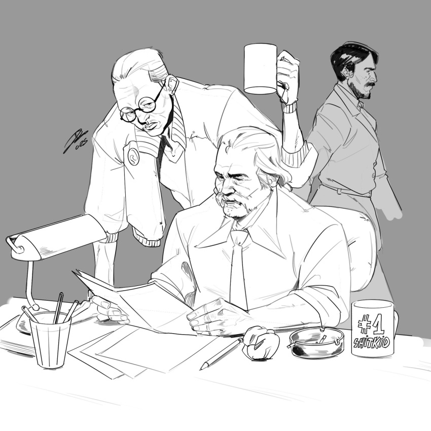 3boys bomber_jacket buzz_cut collared_shirt cup desk_lamp disco_elysium facial_hair glasses greyscale hair_slicked_back harry_du_bois highres holding holding_cup holding_paper jacket jean_vicquemare kim_kitsuragi lamp looking_at_another male_focus monochrome multiple_boys mutton_chops necktie nurve26 paper shirt short_hair sleeves_rolled_up very_short_hair walking