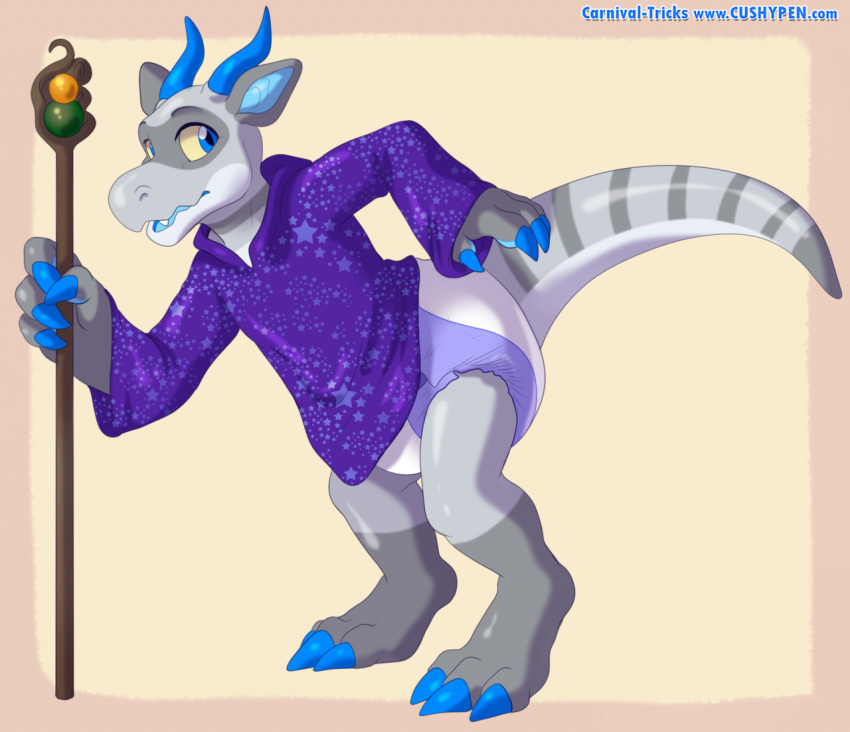 ambiguous_gender anthro bent_over carnival-tricks claws clothing cushypen diaper digitigrade dragon horn looking_back magic_user robe solo staff standing teeth watermark