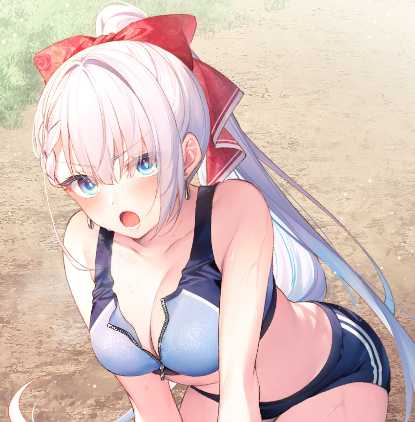 1girl :o bare_arms bare_shoulders bent_over black_buruma blue_eyes bow braid breasts buruma cleavage collarbone crop_top earrings frown hair_bow hands_on_own_knees highres jewelry large_breasts long_hair looking_at_viewer lyseria_christaria midriff open_mouth ponytail seiken_gakuin_no_maken_tsukai shirt sidelocks sleeveless sleeveless_shirt solo sports_bra standing toosaka_asagi unzipped v-shaped_eyebrows very_long_hair wet white_hair zipper