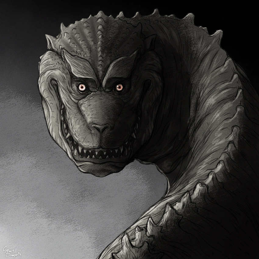 animal_ears creature dark evil_eyes evil_grin evil_smile giant giant_monster glowing glowing_eyes godzilla godzilla_(series) greyscale grin highres horror_(theme) kaijuu looking_at_viewer monochrome monster no_humans sharp_teeth smile spacedragon14 spines teeth