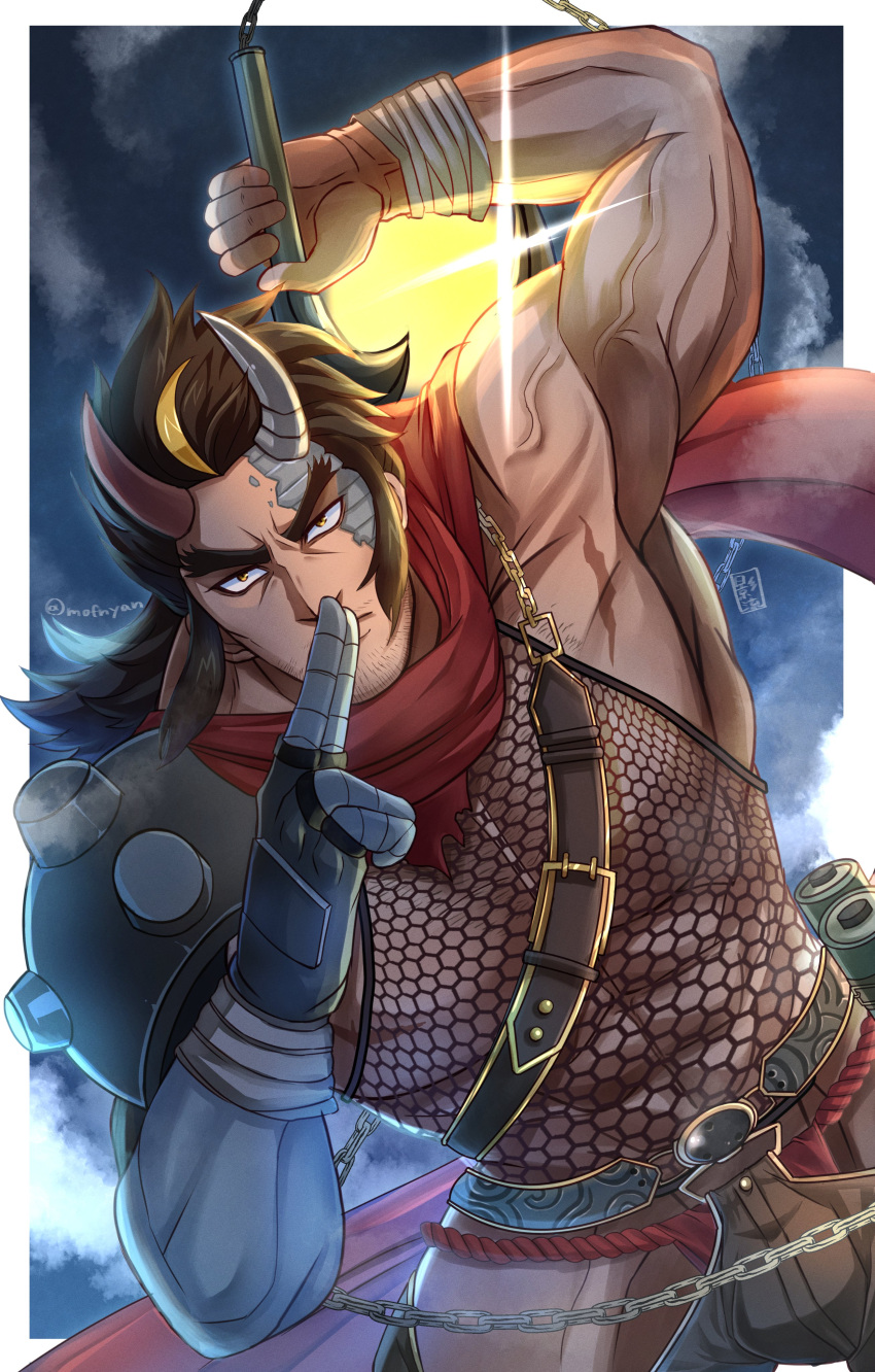 1boy abs absurdres another_eidos-r armor armpits artist_name bandages bara belt brown_hair chest_hair demon_boy facial_hair fishnet_top fishnets fundoshi highres horns japanese_clothes kageru_(mofnyan) kongoh_(another_eidos-r) kusarigama leather leather_pants male_focus male_underwear moon muscular muscular_male night night_sky pants pectorals prosthesis prosthetic_arm scar scar_on_chest scarf scroll shoulder_armor sickle sky solo stubble thick_eyebrows underwear veiny_arms weapon yellow_eyes
