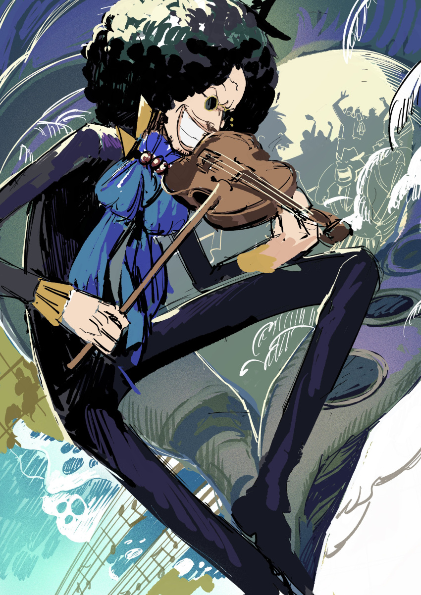 1boy absurdres afro ascot black_hair black_pants black_shirt brook grin highres instrument male_focus music one_piece pants playing_instrument shirt smile solo sunglasses tachibana_(7k_yj) violin