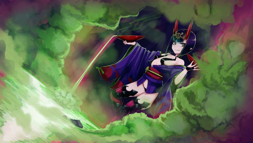 1girl b.d bob_cut breasts cup eyeliner fangs fate/grand_order fate_(series) headpiece highres horns japanese_clothes kimono makeup oni oni_horns open_clothes open_kimono pouring purple_eyes purple_hair purple_kimono revealing_clothes sakazuki short_eyebrows short_hair shuten_douji_(fate) skin-covered_horns small_breasts smile solo standing vapors