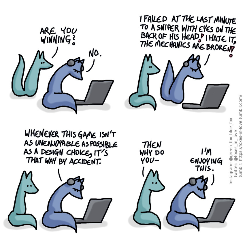 1:1 ? blue_body blue_fox_(foxes_in_love) blue_fur blue_tail canid canine comic computer dialogue duo english_text exclamation_point feral fox foxes_in_love fur green_body green_fox_(foxes_in_love) green_fur green_tail headphones hi_res laptop male_(lore) mammal shadow simple_background text url