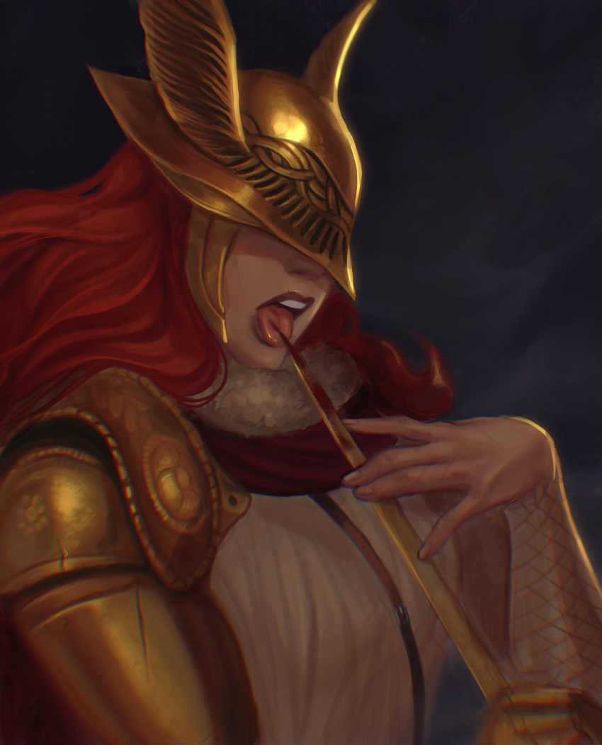 1girl elden_ring facing_viewer helmet highres licking licking_blade licking_blood licking_weapon long_hair malenia_blade_of_miquella mechanical_arms prosthesis prosthetic_arm red_hair single_mechanical_arm sleepysolaire solo tongue tongue_out weapon winged_helmet