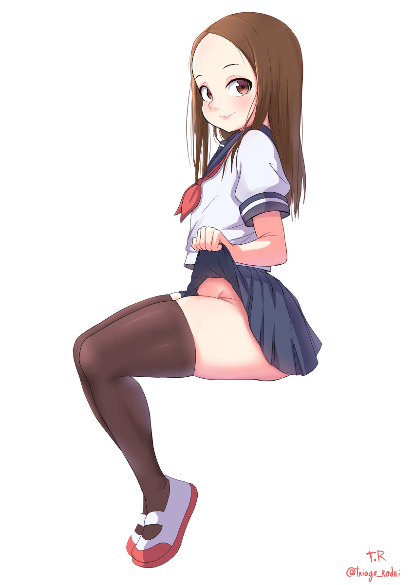 1girl absurdres bangs blue_sailor_collar blue_skirt brown_eyes brown_hair clothes_lift from_side full_body highres karakai_jouzu_no_takagi-san lifted_by_self looking_at_viewer medium_hair no_panties parted_bangs pleated_skirt sailor_collar school_uniform serafuku shirt shoes short_sleeves signature sitting skirt skirt_lift smile solo takagi-san triagorodri uwabaki white_background white_shirt