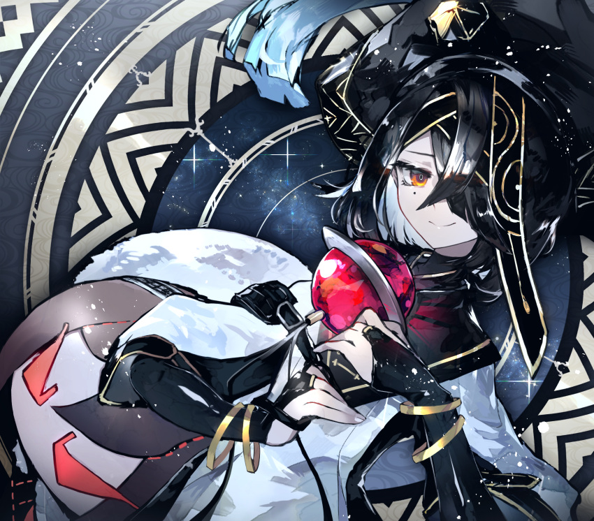 1girl black_hair black_headwear breasts bridal_gauntlets brown_eyes chinese_clothes closed_mouth fate/grand_order fate_(series) hair_over_one_eye hat highres kusakanmuri long_sleeves looking_at_viewer mole mole_under_eye short_hair small_breasts smile solo stuffed_toy white_robe wide_sleeves xu_fu_(fate) yu_mei-ren_(fate)