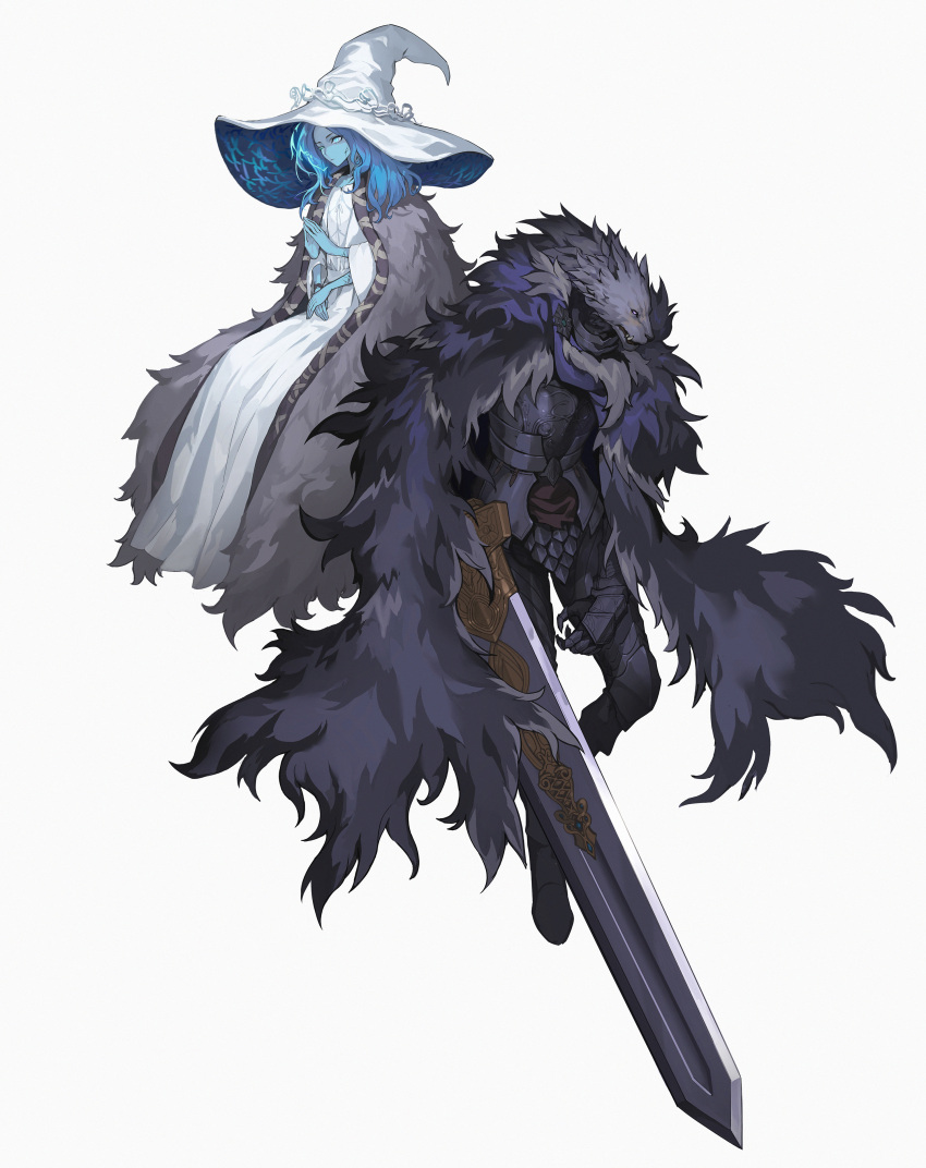 1boy 1girl absurdres animal_head armor bbbbblast blaidd_the_half-wolf blue_hair blue_skin breastplate closed_mouth colored_skin dress elden_ring extra_arms fur_cloak furry furry_male gauntlets hat highres holding holding_sword holding_weapon huge_weapon invisible_chair long_dress own_hands_together ranni_the_witch simple_background sitting sword weapon white_background white_dress white_headwear witch_hat