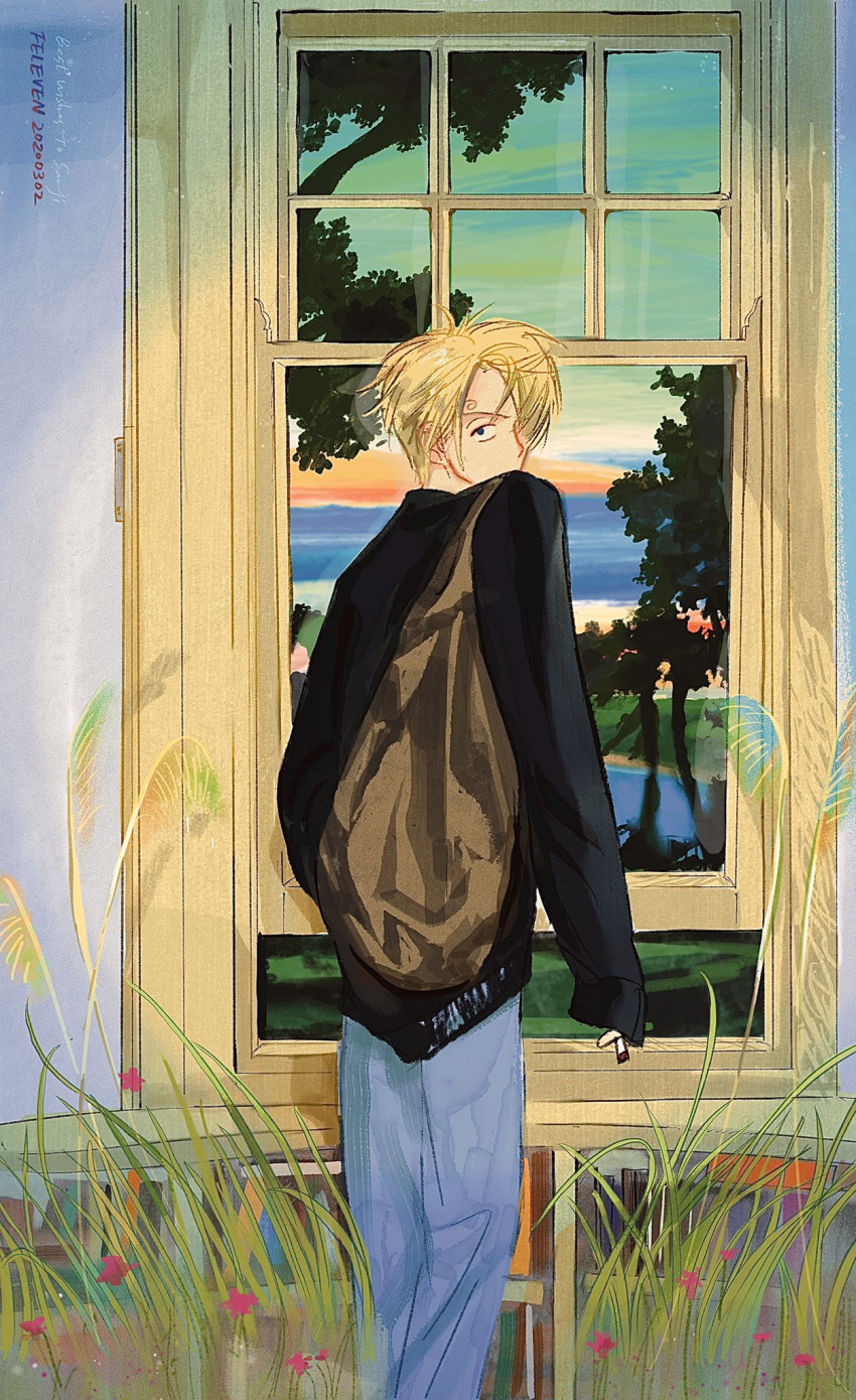 1boy backpack bag black_shirt blonde_hair feleven highres long_sleeves looking_at_viewer looking_back male_focus one_piece plant sanji shirt solo window windowsill