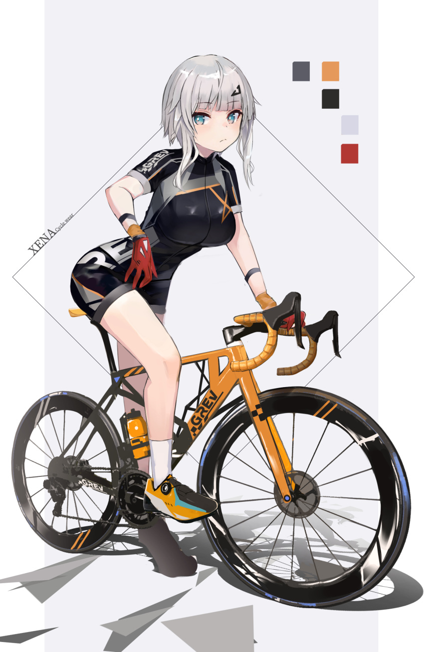 1girl absurdres bicycle bike_jersey bike_shorts black_bodysuit blue_eyes bodysuit breasts closed_mouth commentary_request darudana flower full_body gloves grey_background grey_hair ground_vehicle hair_ornament highres large_breasts looking_at_viewer orange_flower original red_gloves road_bicycle short_hair_with_long_locks short_sleeves socks solo two-tone_background white_background white_legwear