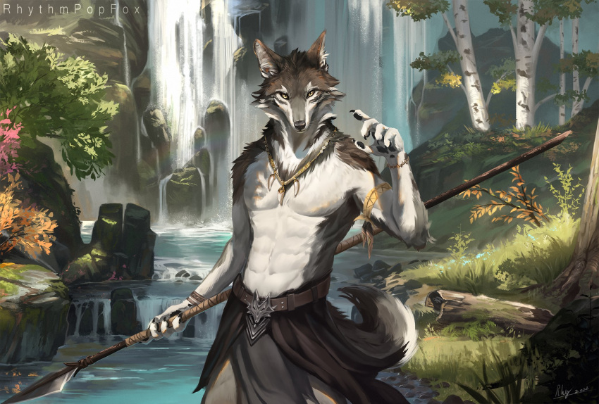 2022 anthro artist_name black_body black_fur canid canine canis clothed clothing day detailed_background digital_media_(artwork) fur grass grey_body grey_fur hi_res holding_object holding_spear holding_weapon jewelry looking_at_viewer male mammal melee_weapon necklace outside plant polearm rhythmpopfox solo spear topless tree water weapon white_body white_fur wolf