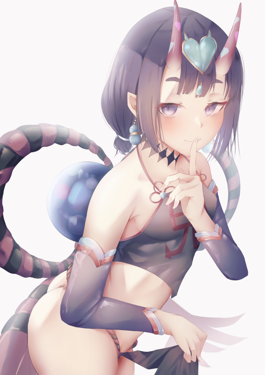 1girl bangs bare_shoulders black_fundoshi breasts chinese_clothes collarbone detached_sleeves dudou earrings evaiyu eyeliner fate/grand_order fate_(series) forehead_jewel highres horns jewelry looking_at_viewer low_twintails makeup oni oni_horns pointy_ears purple_eyes purple_hair short_hair short_twintails shuten_douji_(fate) shuten_douji_(halloween_caster)_(fate) skin-covered_horns small_breasts thighs twintails