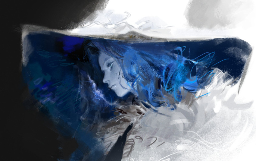 1girl blue_eyes blue_hair blue_skin cape closed_mouth colored_skin cracked_skin elden_ring from_side fur_cape hat hit-kun portrait profile ranni_the_witch solo white_cape white_headwear witch_hat