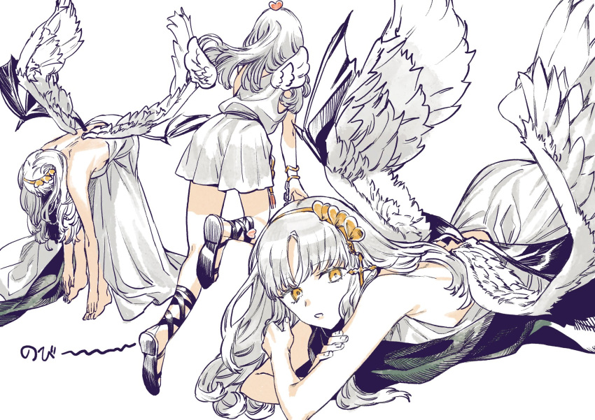 1girl barefoot caren_hortensia caren_hortensia_(amor_caren) dress fate/grand_order fate_(series) gladiator_sandals highres noko_morokoshi sandals white_background white_dress white_hair wings yellow_eyes