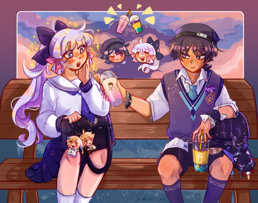 1boy 1girl :> aether_(genshin_impact) aqua_trim backpack bag bead_bracelet beads bench beret black_bag black_bow black_hair black_hat black_shorts black_skirt black_trim blunt_bangs blunt_ends blunt_tresses blush blush_stickers bow bracelet bright_pupils chain character_doll choppy_bangs closed_eyes cloud cloudy_sky collared_shirt contemporary cup dark-skinned_male dark_skin disembodied_head disposable_cup doll drinking_straw eyachim eyelashes eyeliner facing_another flying_sweatdrops genshin_impact grass grey_eyes grey_socks hair_bow hair_ribbon hand_up hat high_ponytail highres hime_cut jewelry kamisato_ayaka kamisato_ayaka_(heytea) long_hair long_sleeves looking_at_food lumine_(genshin_impact) makeup mole mole_under_eye multicolored_hair neckerchief notice_lines official_alternate_costume one_eye_closed open_collar open_hand open_mouth outdoors pink_hair pink_ribbon pleated_skirt ponytail purple_nails purple_neckerchief purple_sweater red_eyeliner red_lips ribbon sailor_collar scaramouche_(cat)_(genshin_impact) scaramouche_(genshin_impact) school_bag school_uniform serafuku shirt short_sleeves shorts sitting skirt sky smile socks streaked_hair sweater teeth toasting_(gesture) tress_ribbon tsurime undershirt upper_teeth_only wanderer_(genshin_impact) wanderer_(mega_mgc_coffee)_(genshin_impact) white_hair white_pupils white_sailor_collar white_serafuku white_shirt white_sleeves white_trim wide-eyed wooden_bench wrist_cuffs wristband