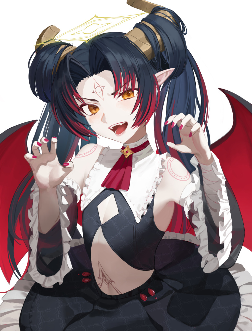 1girl :d absurdres ascot bare_shoulders black_hair black_skirt breasts claw_pose cleavage colored_tips darr1o demon_girl detached_sleeves english_commentary fangs flat_chest frilled_skirt frilled_sleeves frills halo highres horns idol_(vtuber_group) lily_sin looking_at_viewer midriff multicolored_hair navel open_mouth orange_eyes red_ascot red_hair red_nails simple_background skirt smile solo upper_body virtual_youtuber white_background