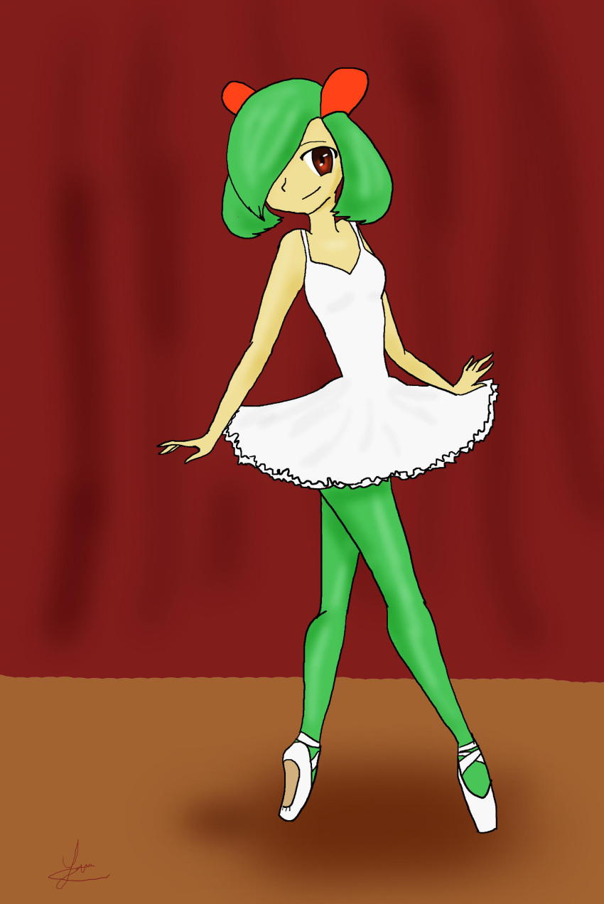 1girl absurdres ballerina bare_arms brown_eyes closed_mouth commentary curtains dress full_body green_hair green_legwear hair_ornament hair_over_one_eye hair_ribbon highres icecat144 kirlia medium_hair orange_ribbon pantyhose personification pokemon ribbon sleeveless sleeveless_dress smile solo stage standing tiptoes tutu white_dress