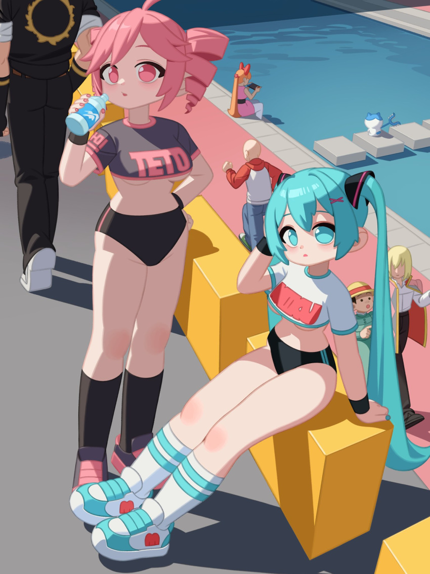 2girls aqua_eyes aqua_hair black_armlet black_buruma bottle breasts buruma commentary cropped_shirt drill_hair hatsune_miku highres holding holding_bottle kasane_teto long_hair looking_at_viewer monster_l_(hochihochiha) multiple_girls print_shirt red_eyes red_hair river shirt shoes sneakers socks twintails underboob untranslatable_commentary utau vocaloid