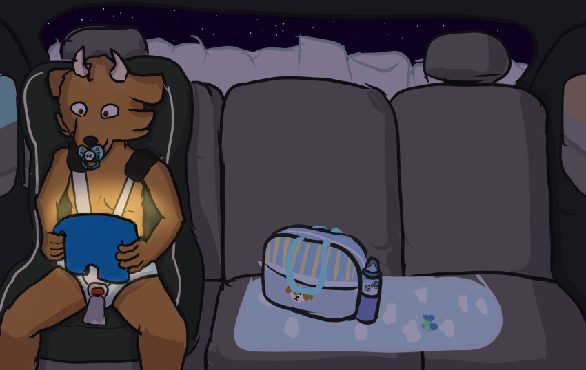 anthro atum_(artist) baby_bottle car car_seat diaper diaper_bag hi_res infantilism looking_at_screen male mat night night_sky pacifier solo star tablet vehicle