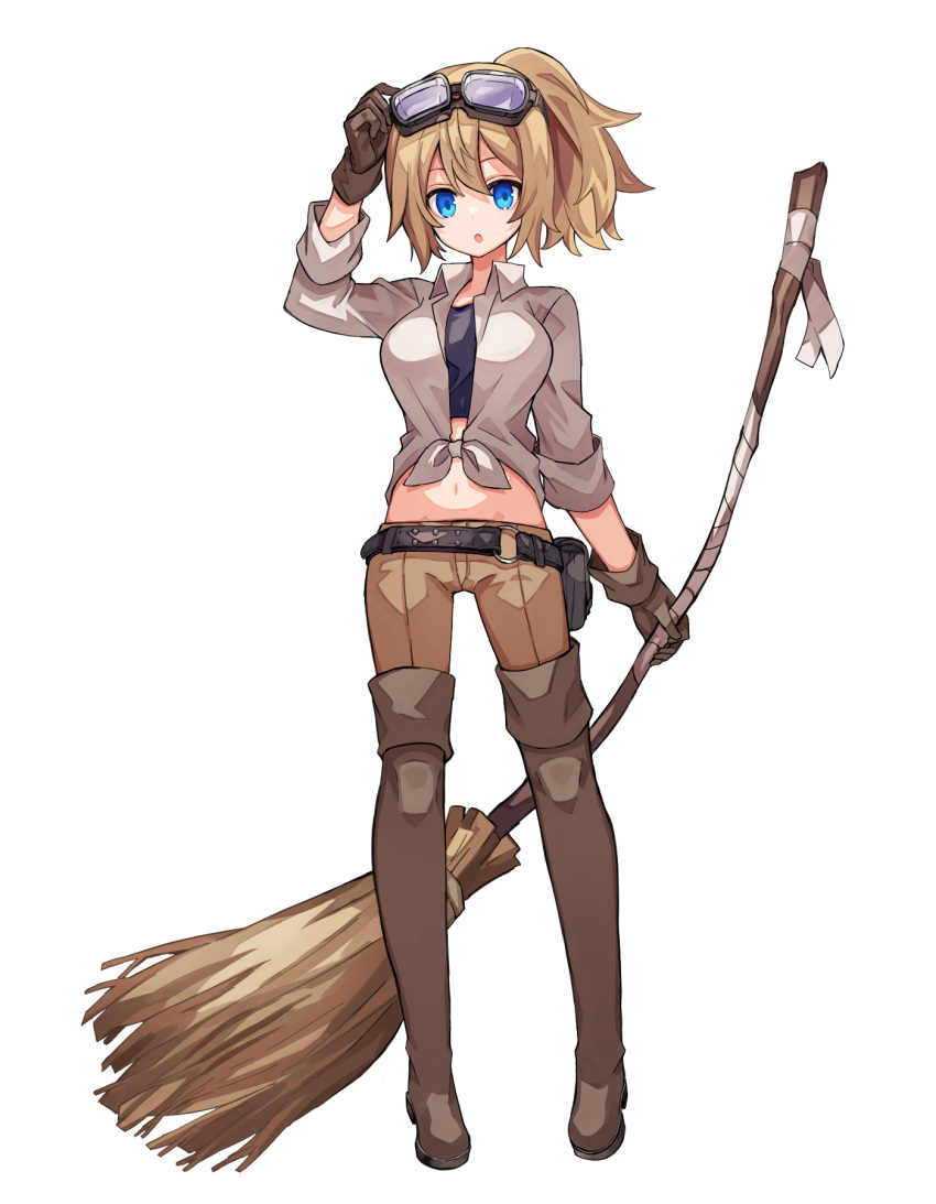 1girl :o arm_up bandages bangs black_shirt blonde_hair blue_eyes boots broom brown_footwear brown_gloves brown_legwear brown_pants collared_shirt crop_top eyebrows_behind_hair front-tie_top full_body gloves goggles goggles_on_head hair_between_eyes highres holding holding_broom long_sleeves looking_at_viewer midriff navel open_clothes open_shirt original pants parted_lips ponytail shirt simple_background solo standing thigh_boots thighhighs tied_shirt tori_(10ri) undershirt white_background white_shirt