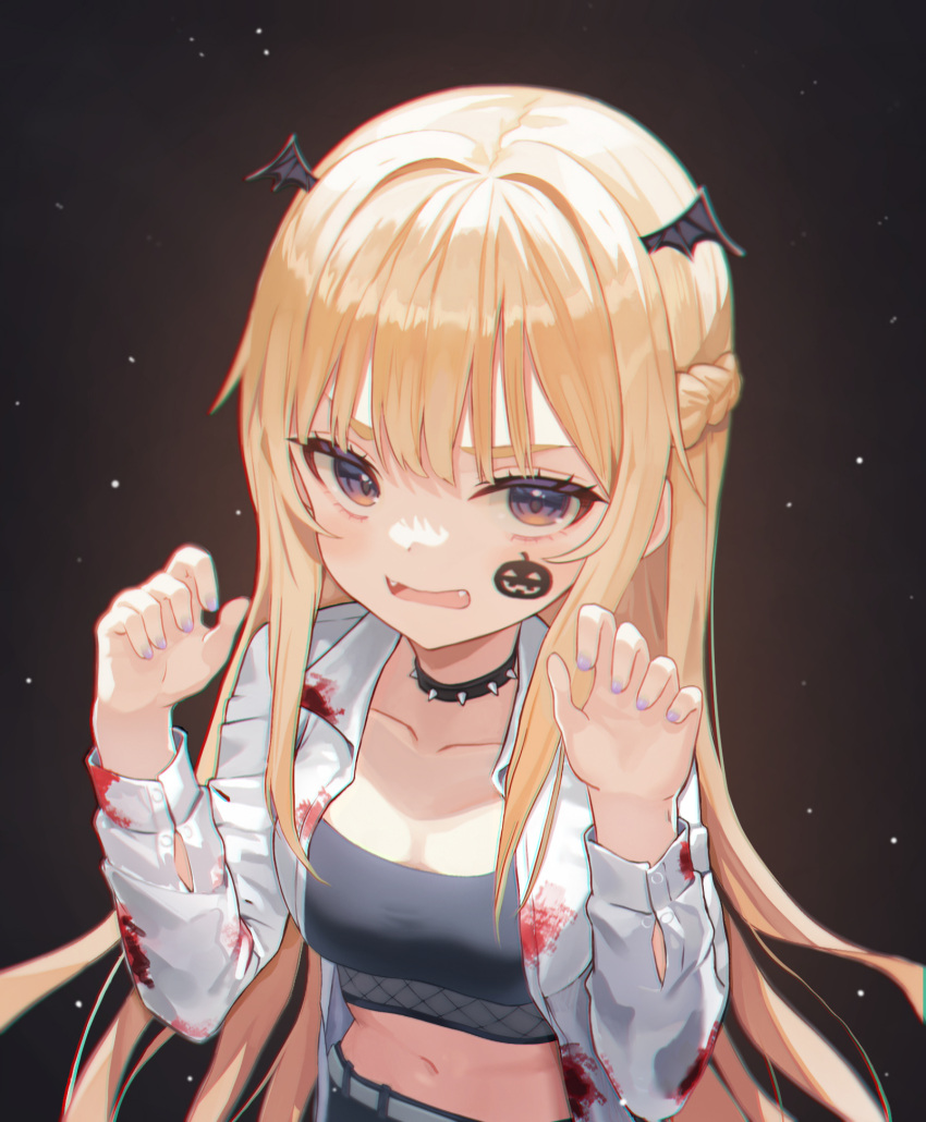 1girl belt black_background black_eyes blonde_hair blood blood_on_clothes braid breasts cheek_tattoo choker collarbone commentary crop_top fangs half_up_braid hands_up head_wings highres jacket light_particles long_hair long_sleeves looking_at_viewer medium_breasts midriff nail_polish navel open_clothes open_jacket open_mouth original purple_nails solo spiked_choker spikes tank_top tattoo upper_body very_long_hair white_belt white_jacket wings yeolyeo yuari_(yeolyeo)