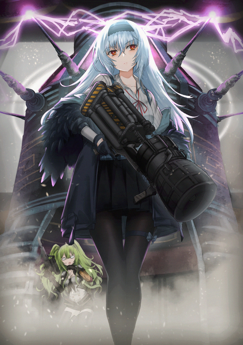 2girls black_gloves black_hairband black_legwear black_skirt calico_m950 call_of_duty:_black_ops feather-trimmed_jacket girls'_frontline gloves green_hair gun hairband highres holding holding_gun holding_weapon long_hair long_sleeves m950a_(girls'_frontline) messy_hair miniskirt multiple_girls pantyhose persocon93 pleated_skirt red_eyes shirt silver_hair skirt thunder_(girls'_frontline) two_side_up very_long_hair weapon white_shirt