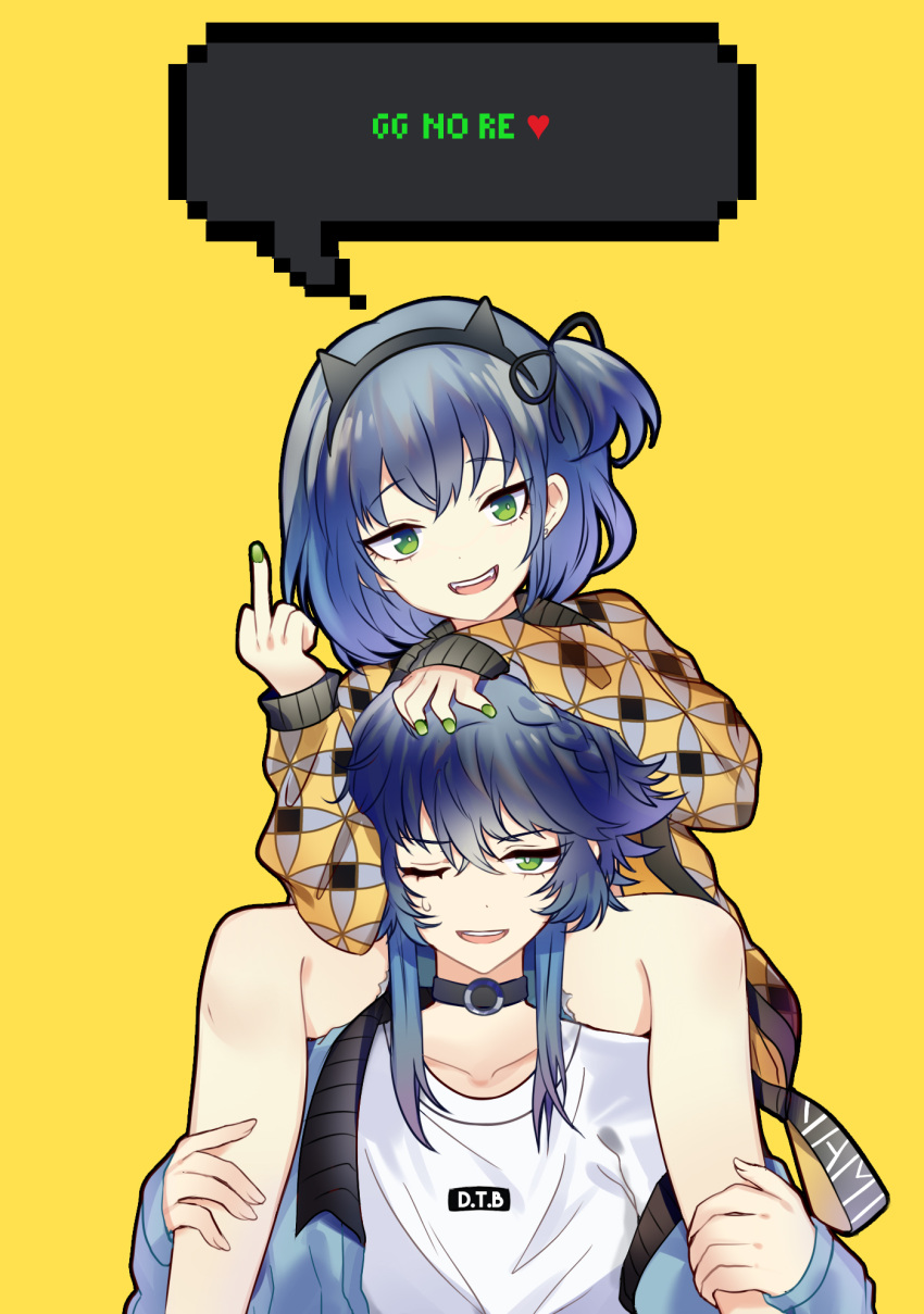 2boys :d ;d animal_ear_hairband animal_ears black_choker black_hairband black_ribbon blue_hair blue_jacket blue_shorts bright_pupils carrying carrying_person cat_ear_hairband cat_ears character_name choker clothes_writing collarbone commentary_request denim denim_shorts double-parted_bangs dual_persona english_text fake_animal_ears fangs feet_out_of_frame fingerless_gloves flipped_hair gloves green_nails grey_jacket hair_between_eyes hair_ribbon hairband hand_on_another's_head hands_on_another's_legs hands_up head_tilt heart highres jacket jacket_partially_removed kiki_(tsunya) long_sleeves looking_at_viewer male_focus middle_finger multiple_boys nail_polish o-ring o-ring_choker one_eye_closed one_side_up open_clothes open_jacket open_mouth patterned_clothing pixel_art_inset puffy_long_sleeves puffy_sleeves raised_eyebrows ribbon round_teeth ryoune_yami short_hair short_hair_with_long_locks short_shorts shorts shoulder_carry simple_background sitting sleeves_past_wrists smile speech_bubble straight-on swept_bangs teeth trap tsurime upper_body upper_teeth_only utau v-shaped_eyebrows white_hair white_pupils yellow_background yellow_jacket
