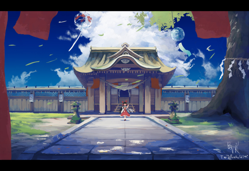 1girl architecture black_hair bow box building cloud commentary day donation_box east_asian_architecture gohei grass hair_bow hakurei_reimu highres holding lantern leaf letterboxed long_hair megami_benka no_eyes onbashira paper_lantern pavement red_bow red_skirt red_vest scenery shide shrine signature skirt skirt_set sky smile solo standing stone_lantern touhou tree twitter_username vest wall wind_chime