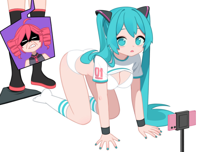 2girls all_fours aqua_eyes aqua_hair black_armlet bra breasts cellphone cropped_shirt hatsune_miku highres kasane_teto large_breasts long_hair looking_at_viewer monster_l_(hochihochiha) multiple_girls nail_polish open_mouth panties phone smartphone socks twintails underwear utau vocaloid white_bra white_panties white_socks