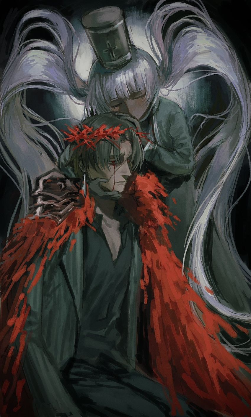 1boy 1girl black_pants black_shirt blood blood_from_eyes charon_(project_moon) closed_mouth commentary_request crying e.g.o_(project_moon) grey_hair grey_hat grey_jacket hat highres jacket lavacrum_sanguinis_(e.g.o) limbus_company long_hair low_twintails moufuku001 pants project_moon red_eyes shako_cap shirt striped_clothes striped_jacket twintails vergilius_(project_moon) vertical-striped_clothes vertical-striped_jacket very_long_hair